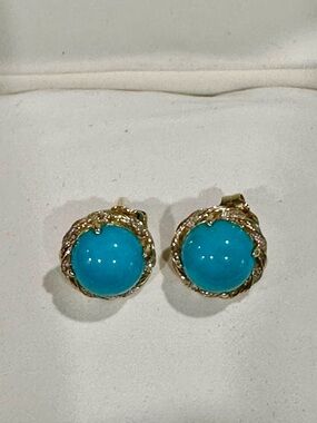 7.45 TCW 14k Yellow gold earrings natural turquoise &Diamond